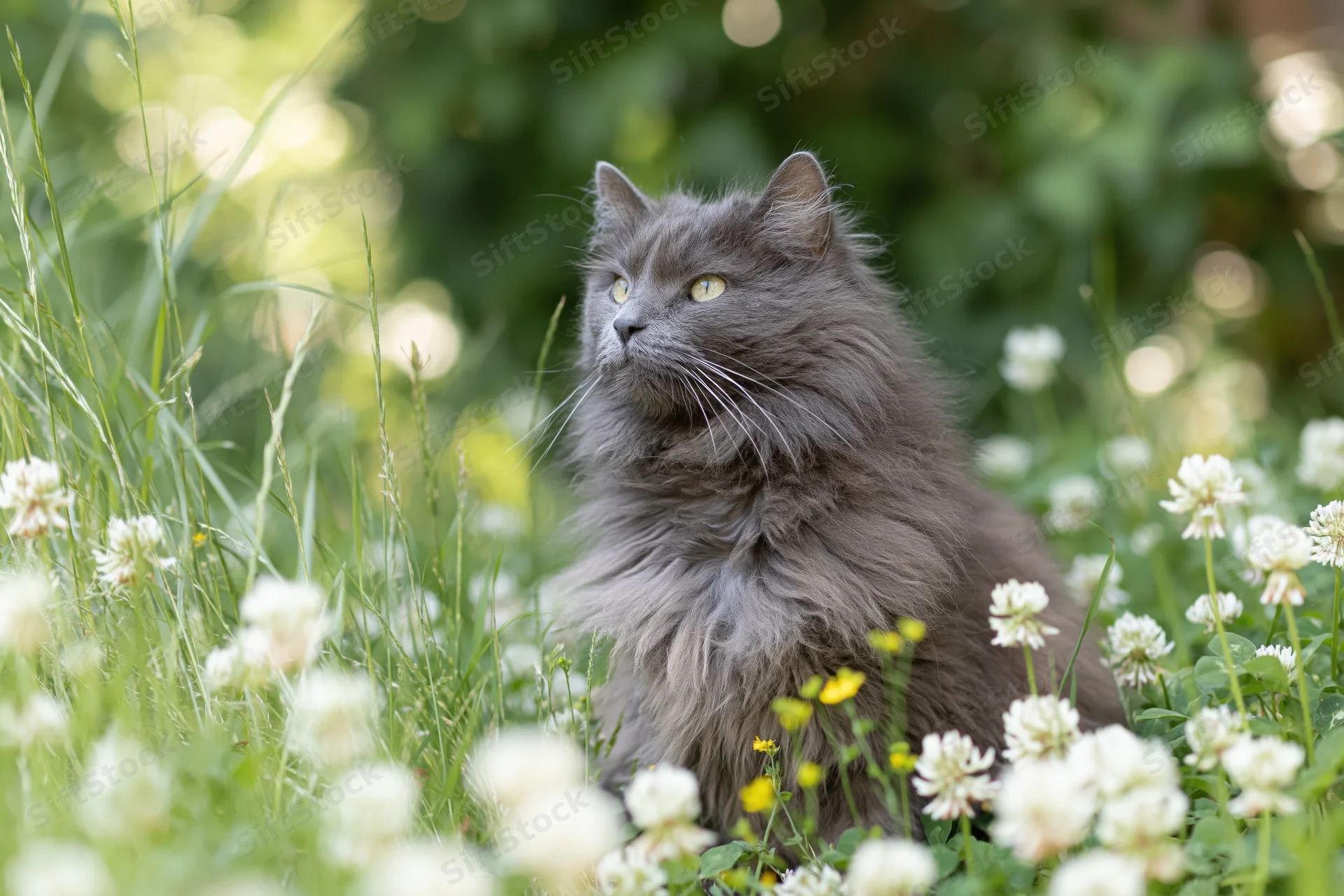 Fluffy grey longhaired cat sitting alert in a garden meadow among white clover and yellow flowers