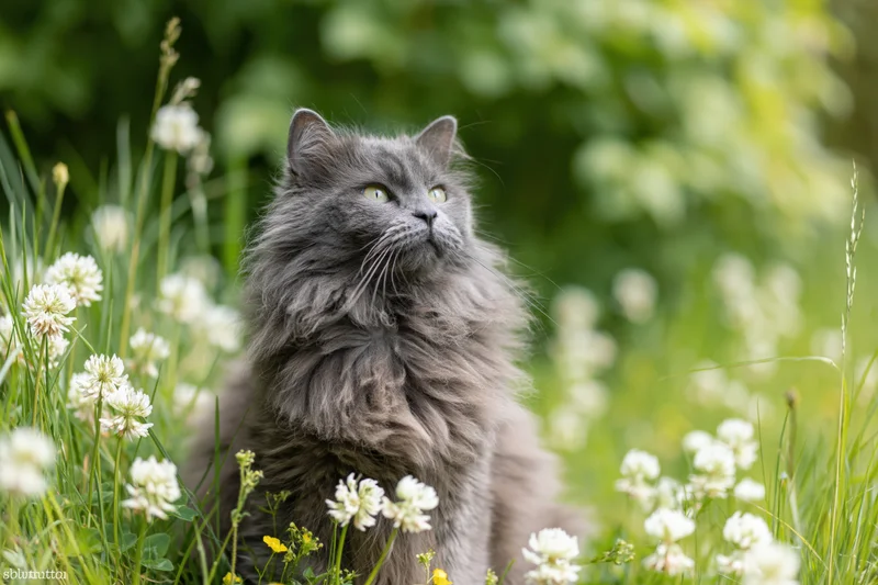 Fluffy grey longhaired cat sitting alert in a garden meadow among white clover flowers