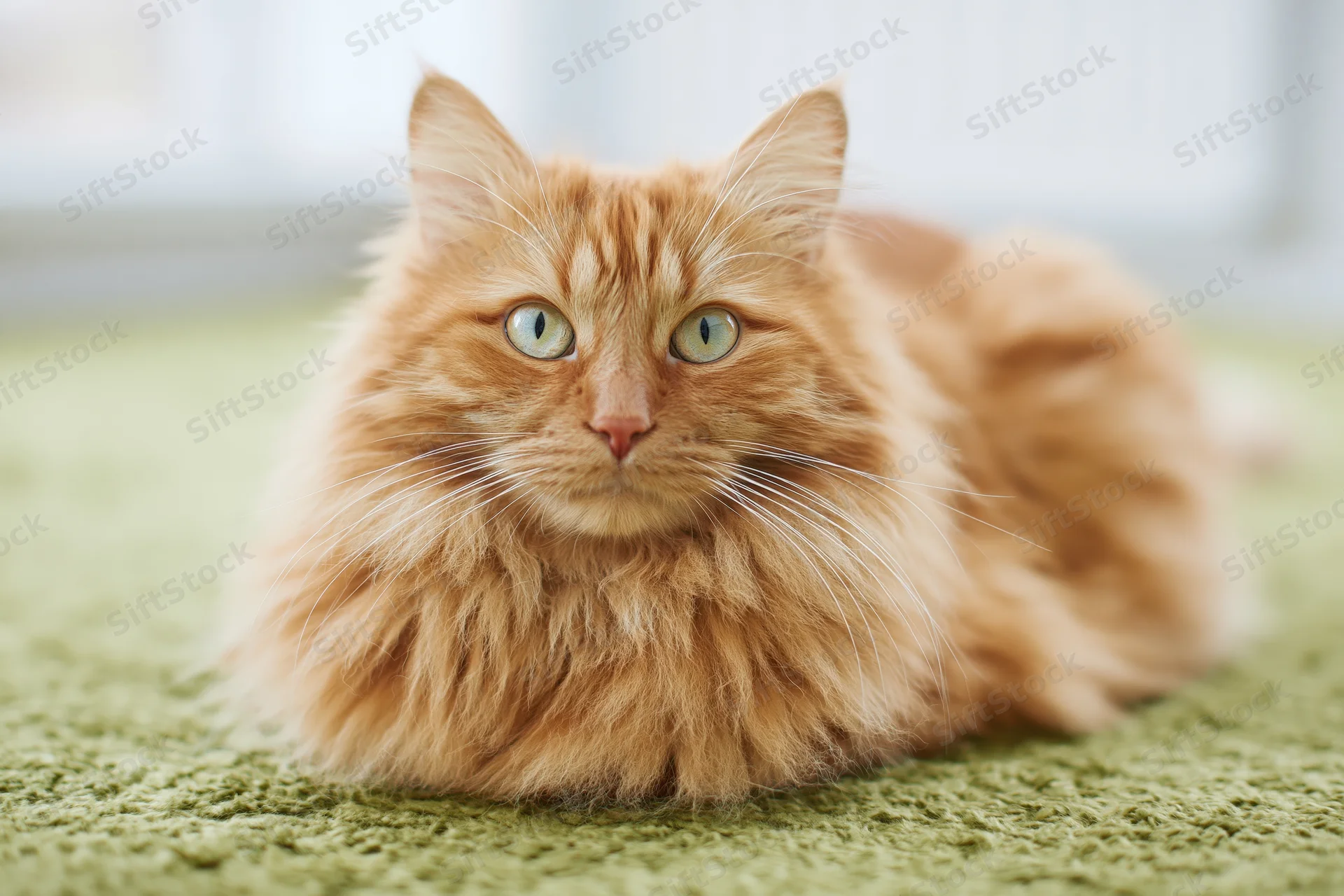 Fluffy ginger cat resting in loaf position on green carpet indoors