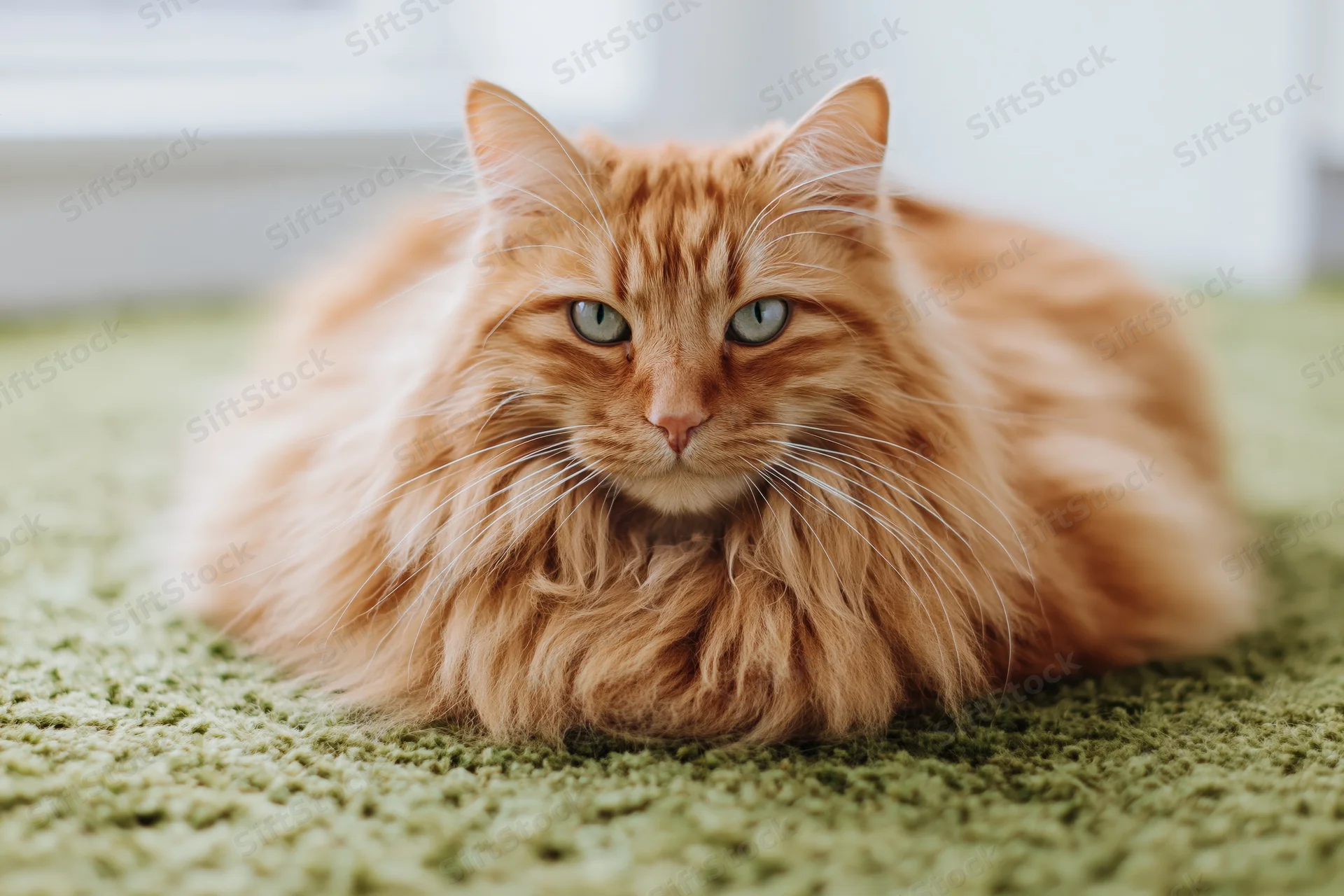 Fluffy ginger long-haired cat resting in loaf position on green carpet indoors