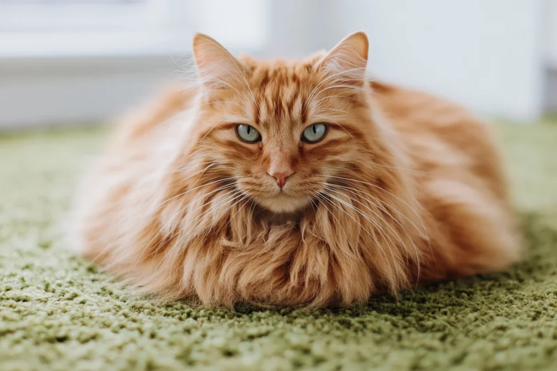Fluffy ginger long-haired cat resting in loaf position on green carpet indoors