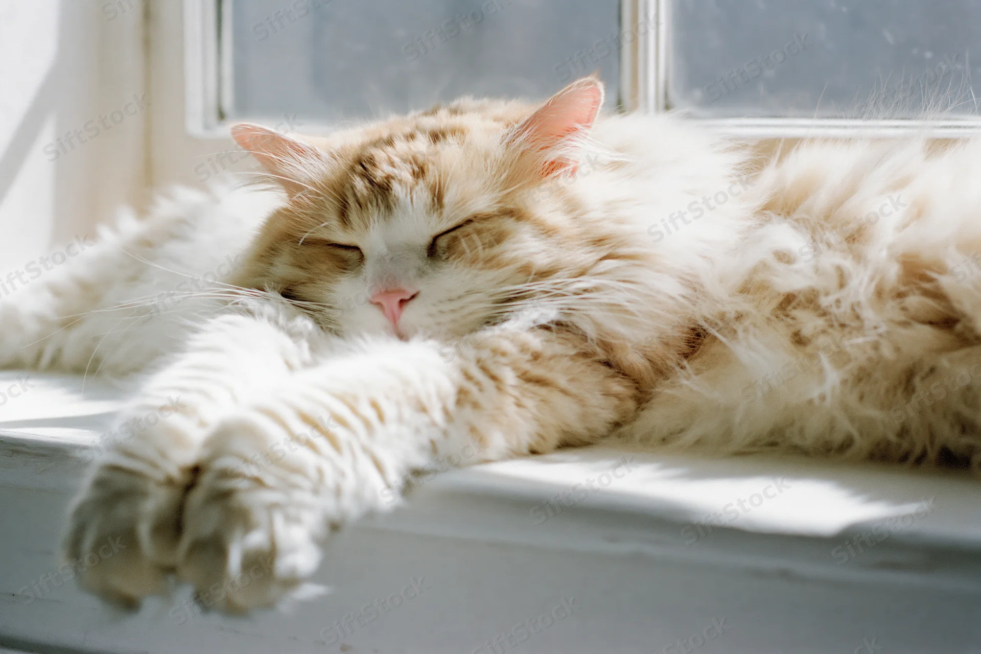 Fluffy orange and white cat sleeping stretched out on a windowsill in sunlight
