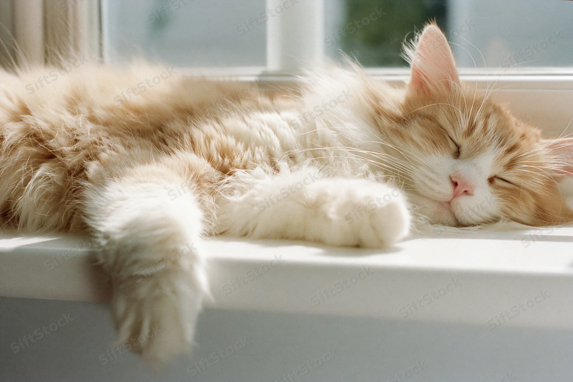Fluffy orange and white cat sleeping stretched out on a white windowsill by a window