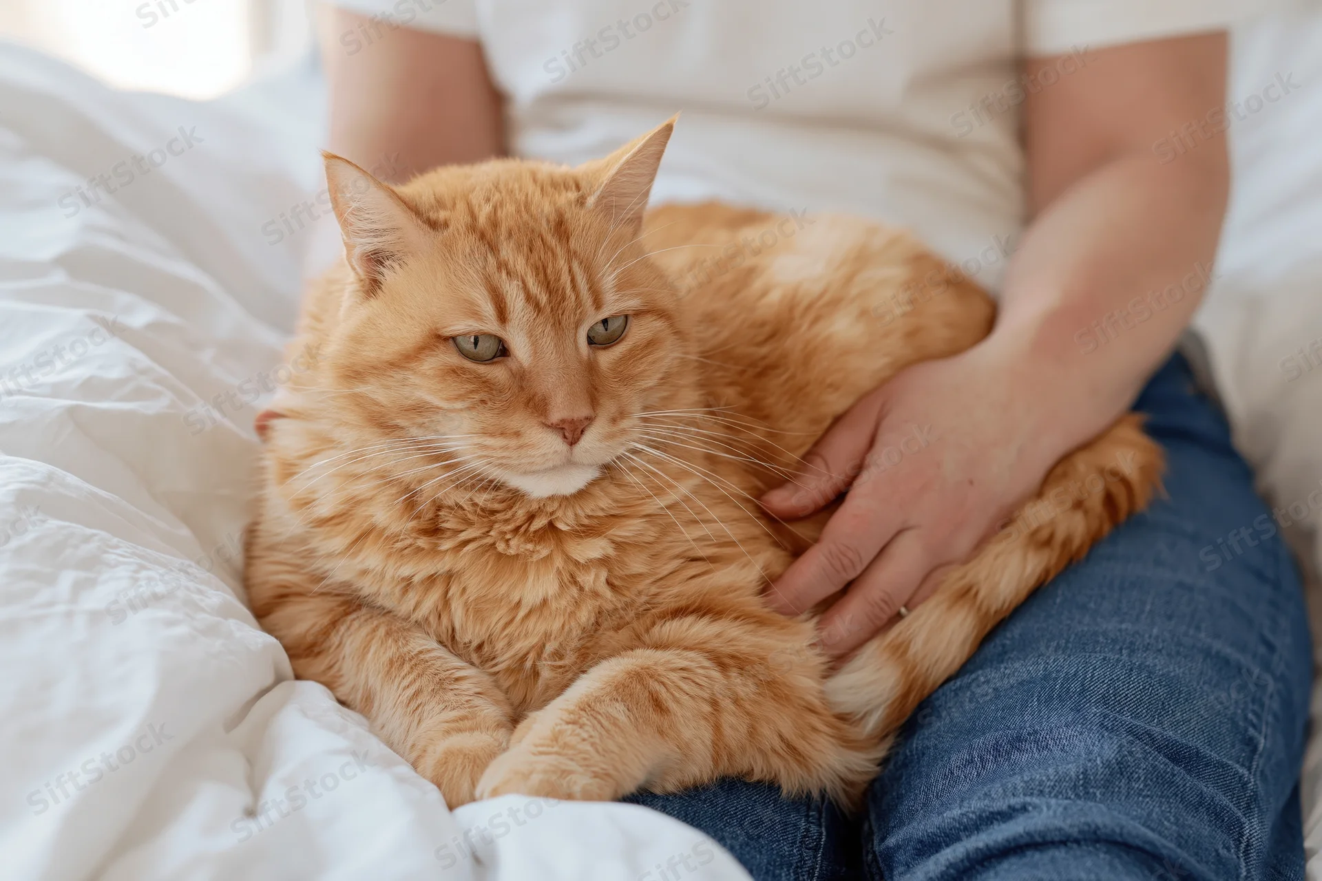 Orange tabby cat resting in a woman's lap on a bed with white sheets and denim jeans