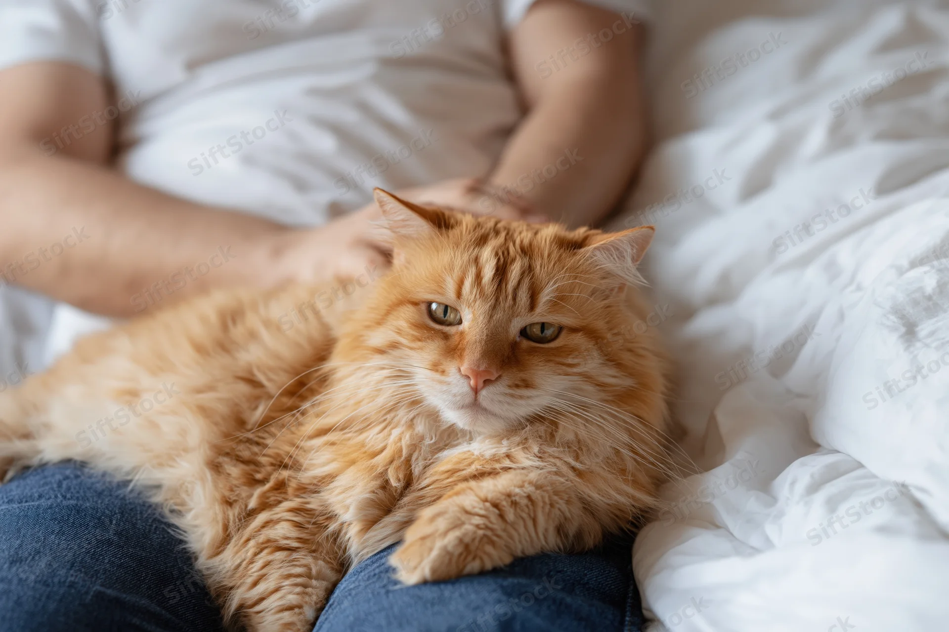 Fluffy orange tabby cat resting on a person's lap in a bed with white sheets