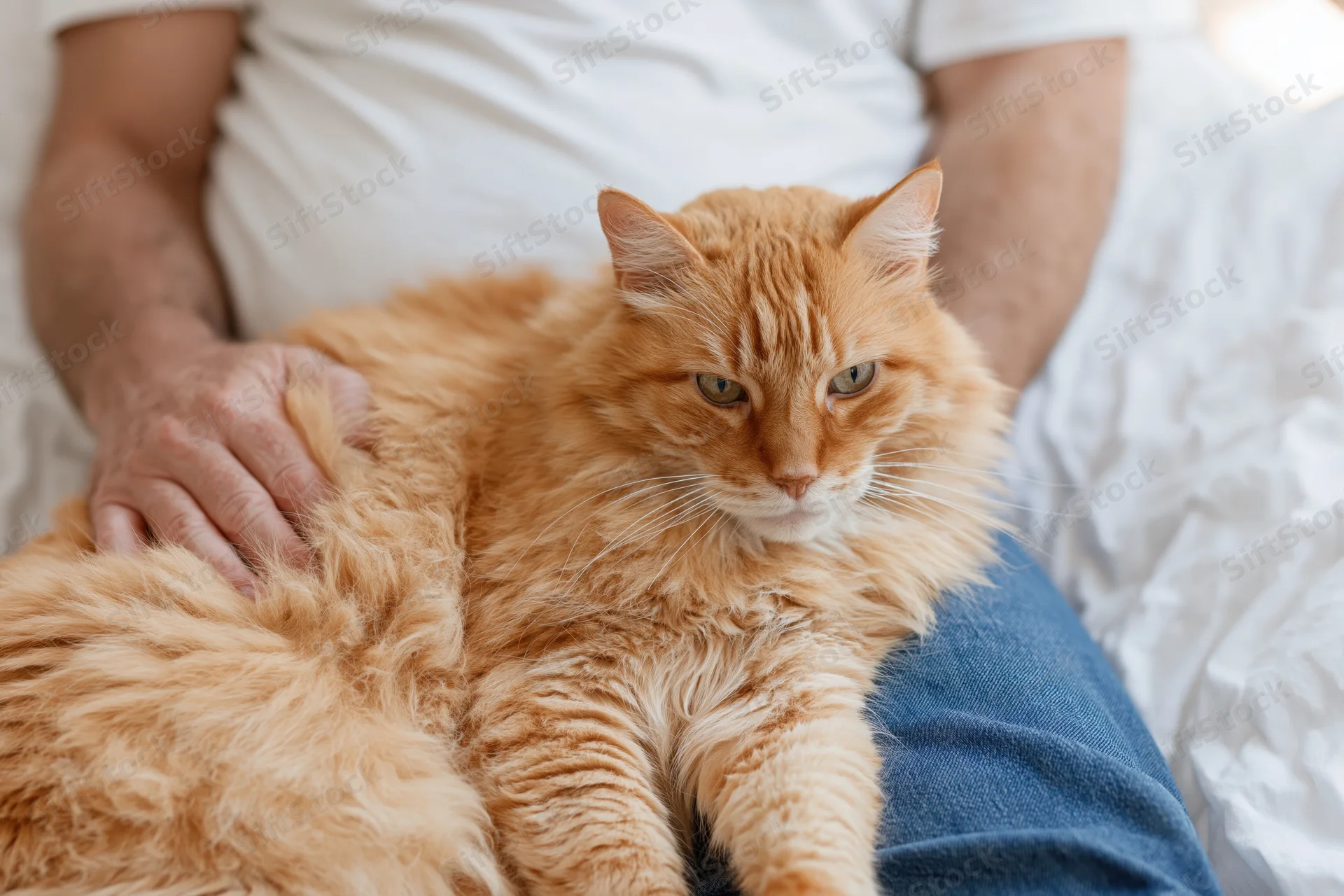 Fluffy orange tabby cat resting in a man's lap being gently petted on a bed