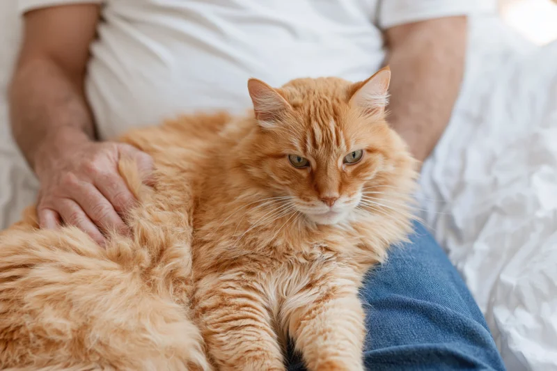 Fluffy orange tabby cat resting in a man's lap being gently petted on a bed