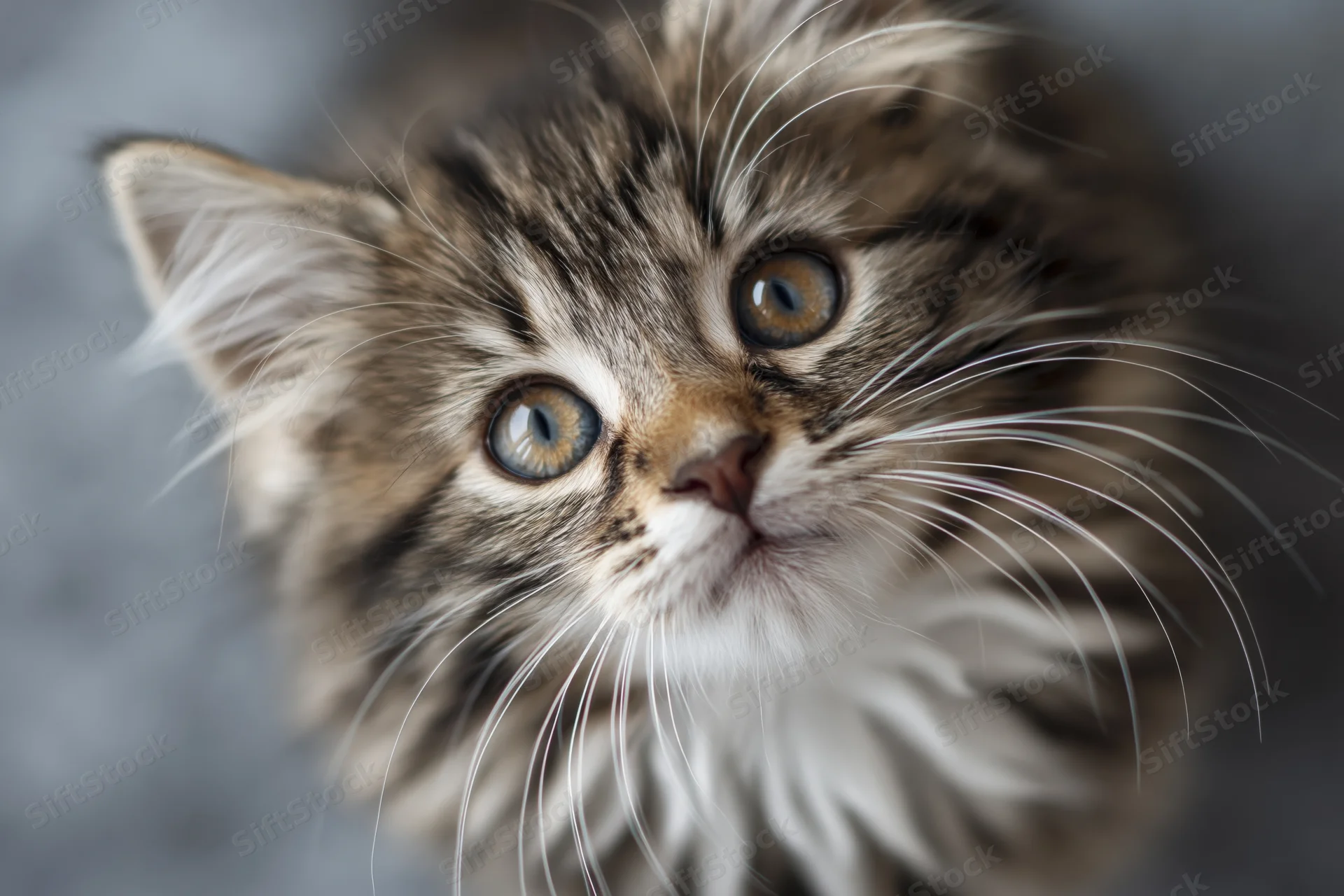 Fluffy tabby kitten looking upward into the camera in a closeup portrait