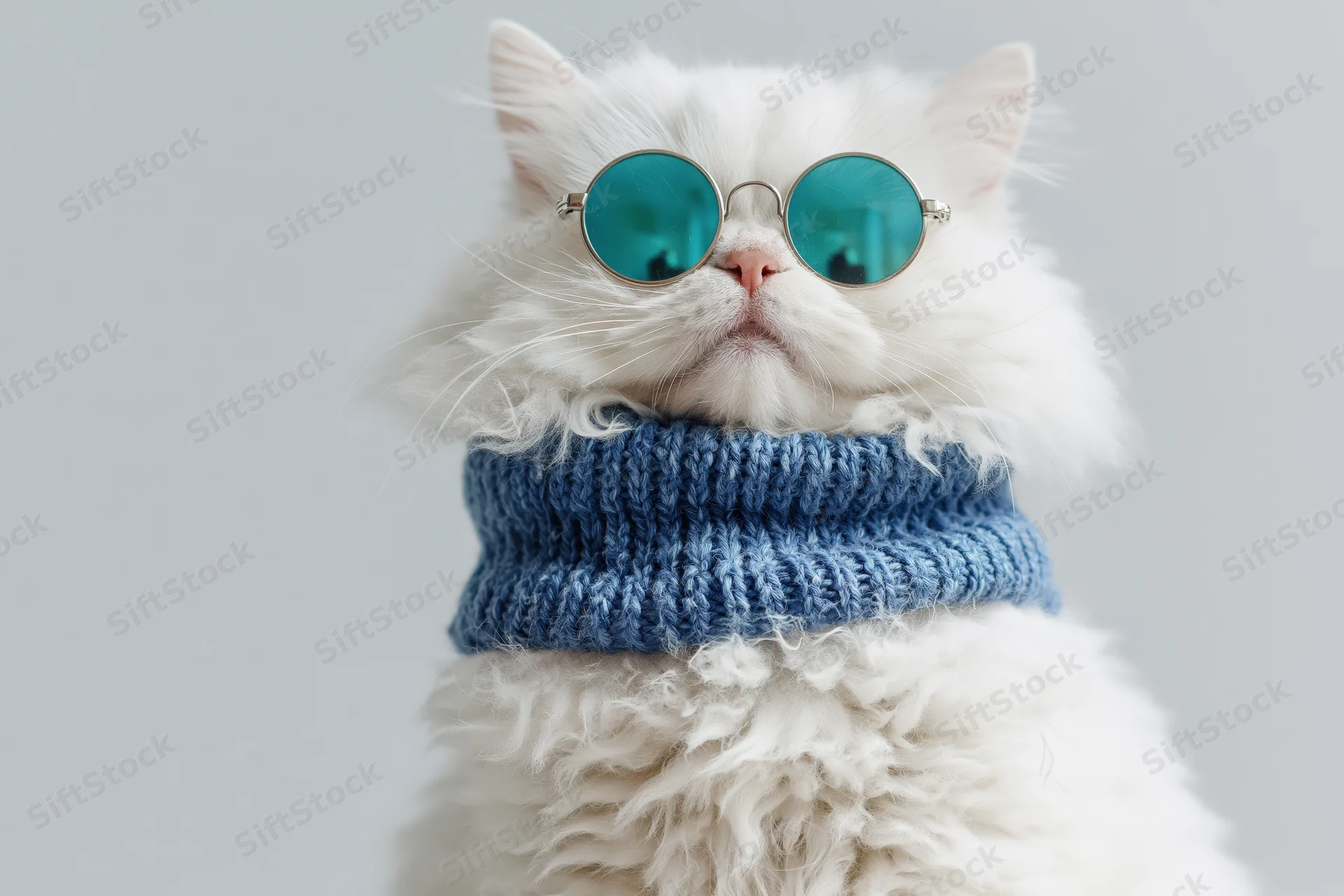 Fluffy white persian cat wearing round metal sunglasses and blue knitted scarf in studio portrait