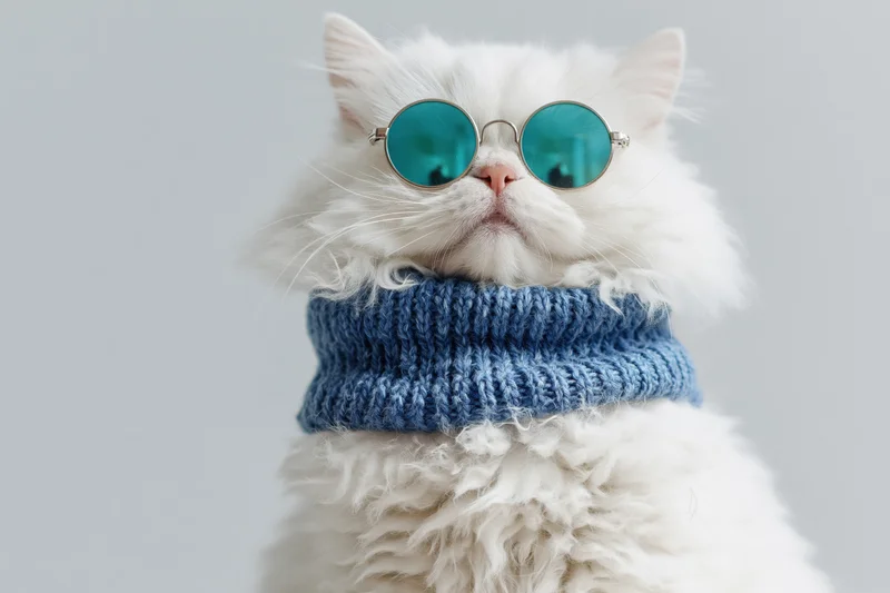 Fluffy white persian cat wearing round metal sunglasses and blue knitted scarf in studio portrait