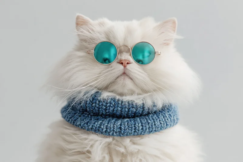 Fluffy white persian cat wearing round metal sunglasses and blue knitted scarf in studio portrait