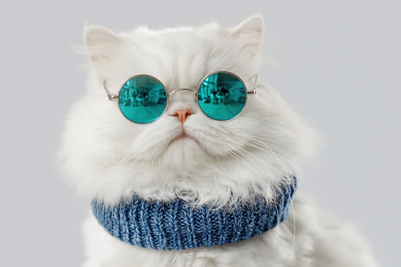 Fluffy white persian cat wearing round metal sunglasses and blue knitted scarf in studio portrait