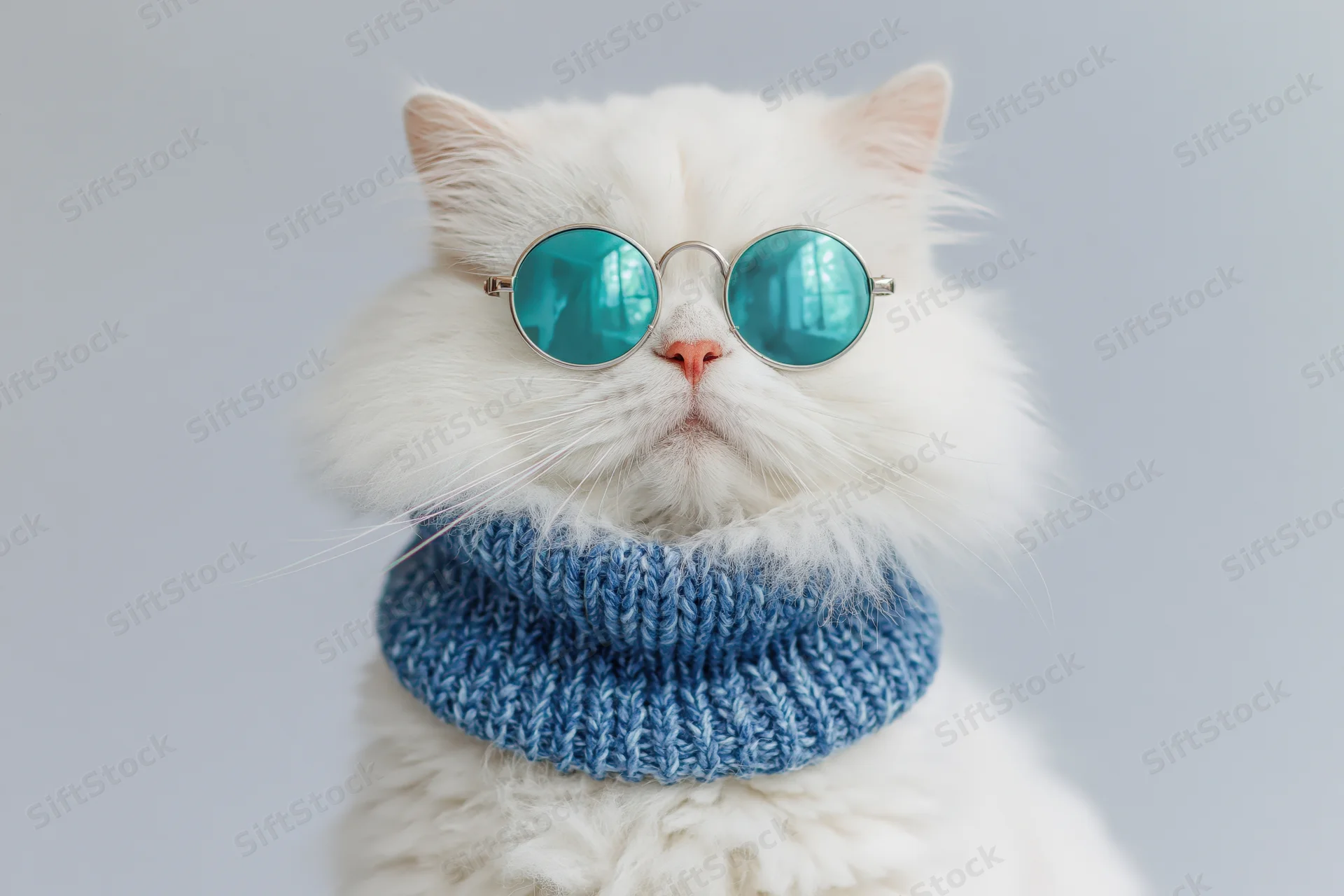 Fluffy white persian cat wearing round metal sunglasses and blue knitted scarf in studio portrait