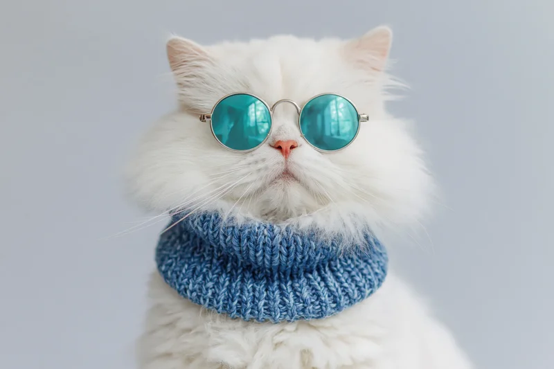 Fluffy white persian cat wearing round metal sunglasses and blue knitted scarf in studio portrait