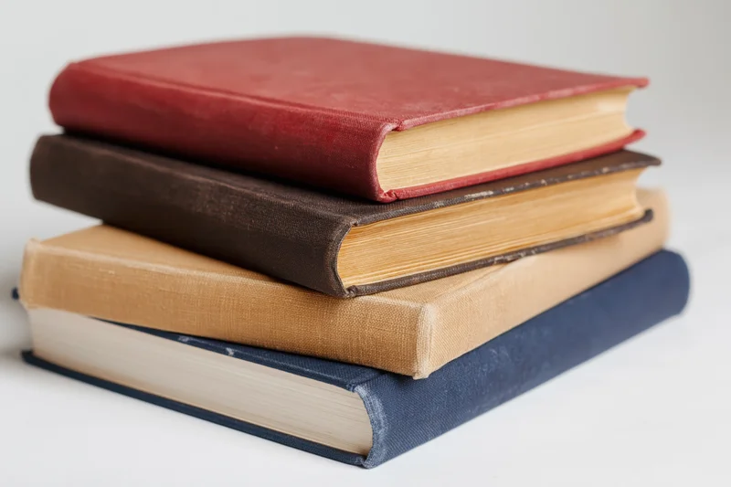 Four hardcover books stacked unevenly on a plain white surface