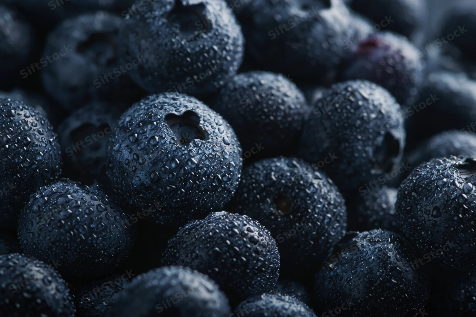 Closeup of fresh blueberries covered in water droplets, tightly packed in a cluster