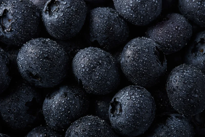Closeup of fresh blueberries covered in water droplets filling the frame