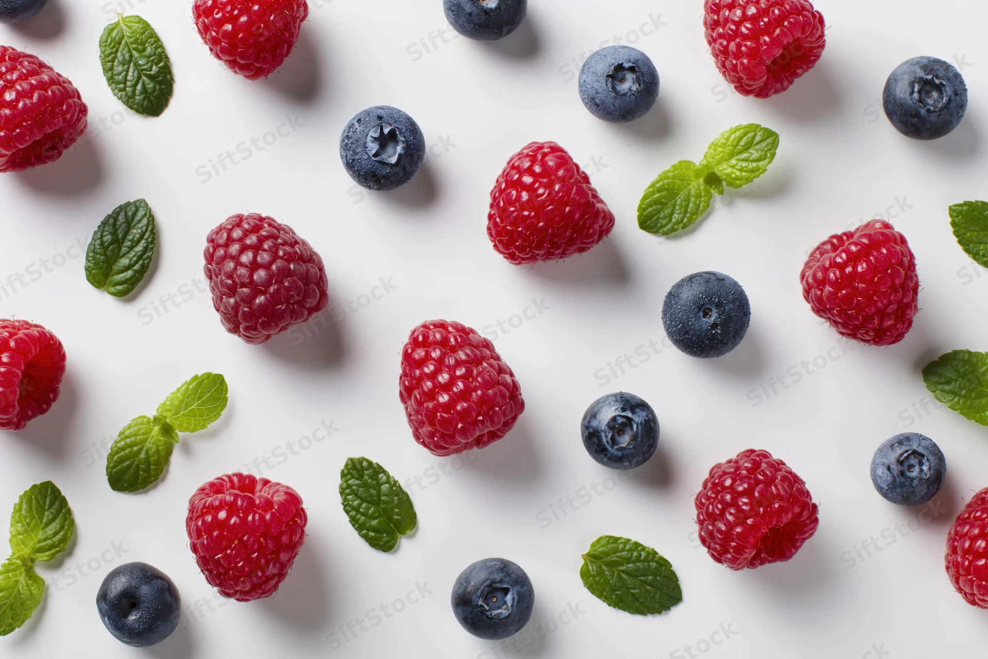 Raspberries and blueberries scattered with mint leaves on white surface
