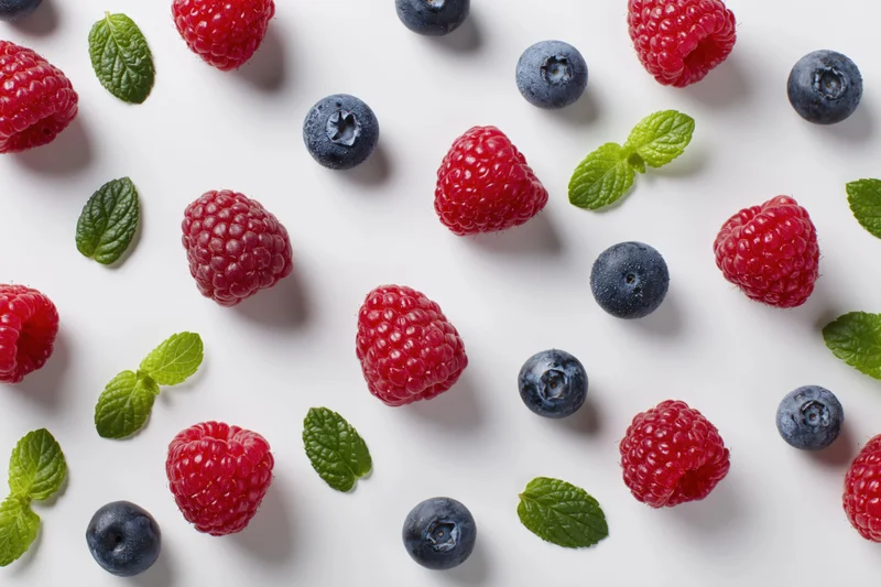 Raspberries and blueberries scattered with mint leaves on white surface