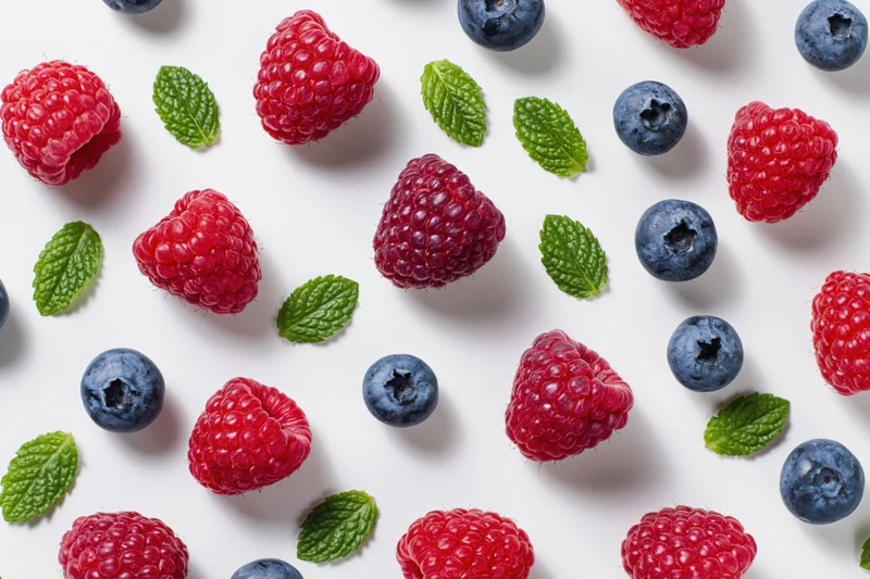 Raspberries and blueberries scattered with mint leaves on white surface