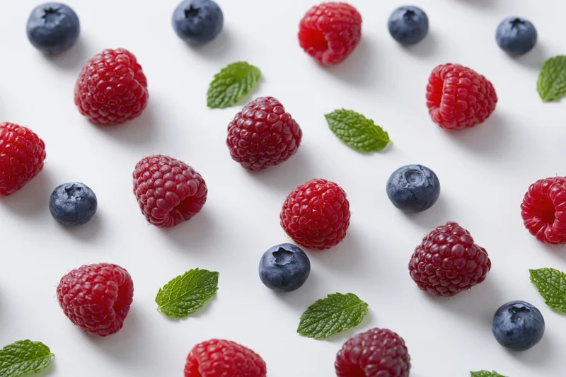 Raspberries and blueberries scattered with mint leaves on a white surface