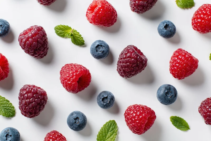 Raspberries and blueberries scattered with mint leaves on white surface