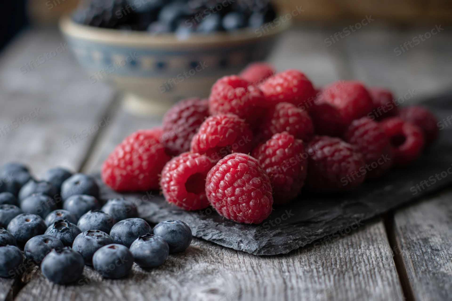 Fresh raspberries piled on a dark slate board beside loose blueberries on a wooden table