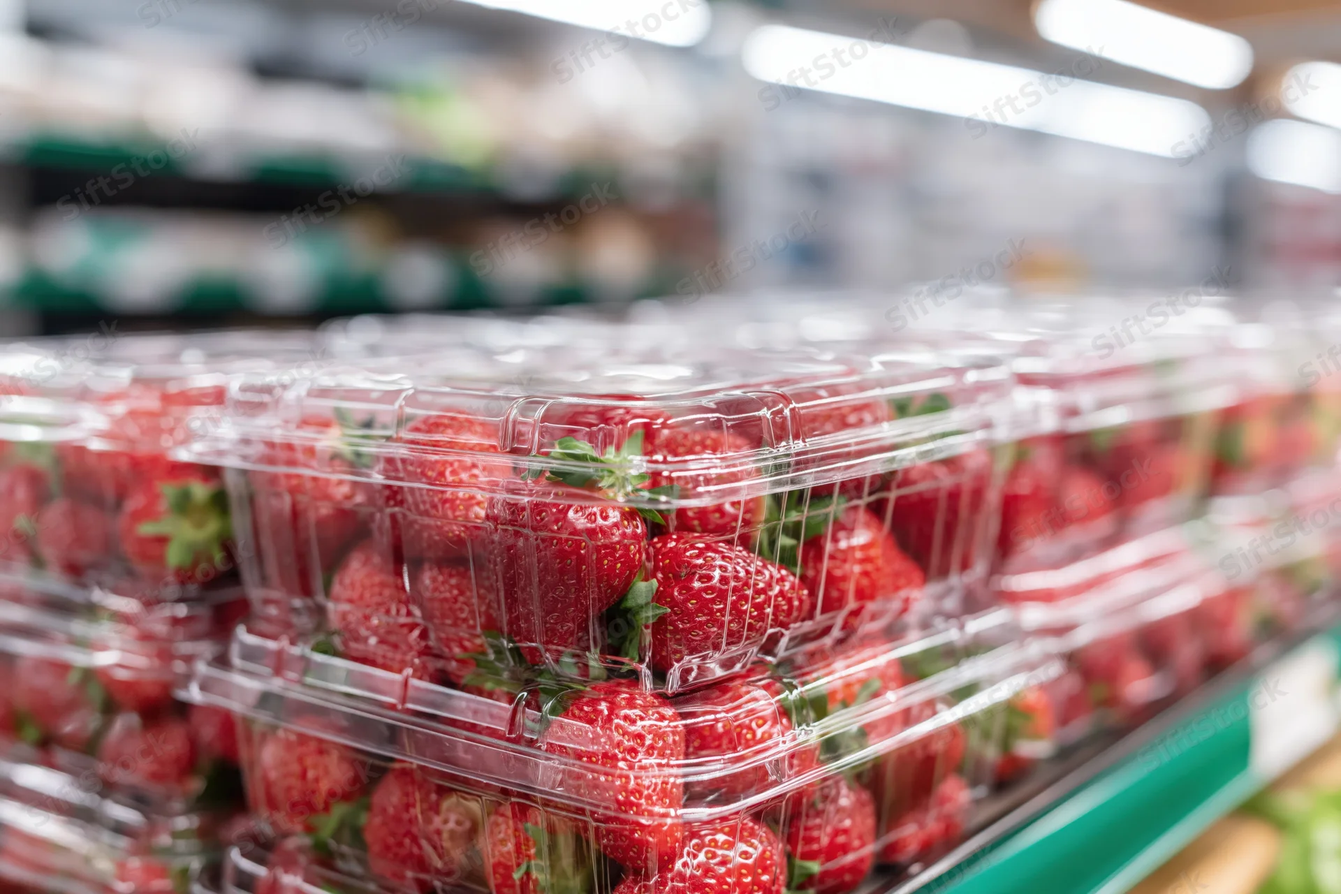 Fresh strawberries in clear plastic clamshell containers stacked on a supermarket produce shelf