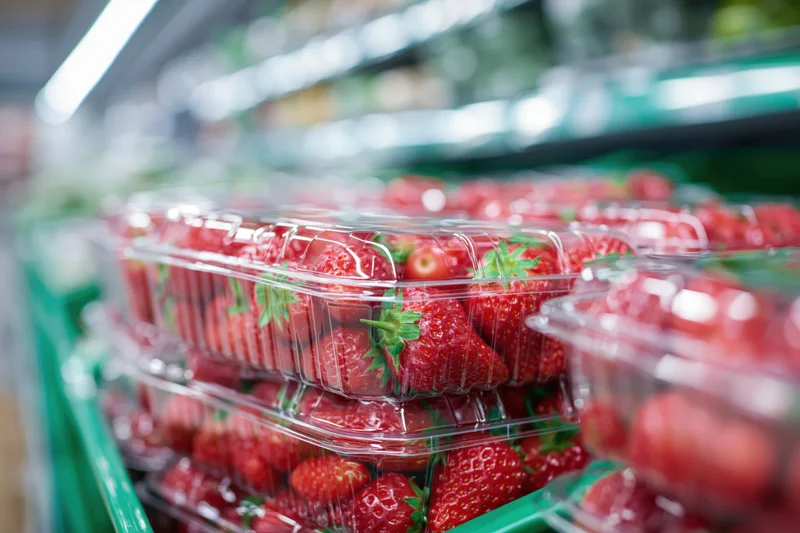 Fresh strawberries in clear plastic clamshell containers stacked on a supermarket produce shelf