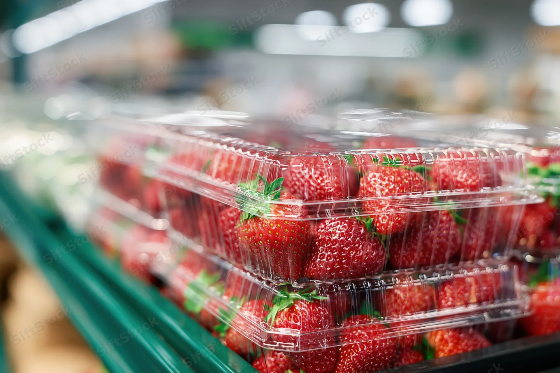 Fresh strawberries in clear plastic clamshell containers on supermarket shelf