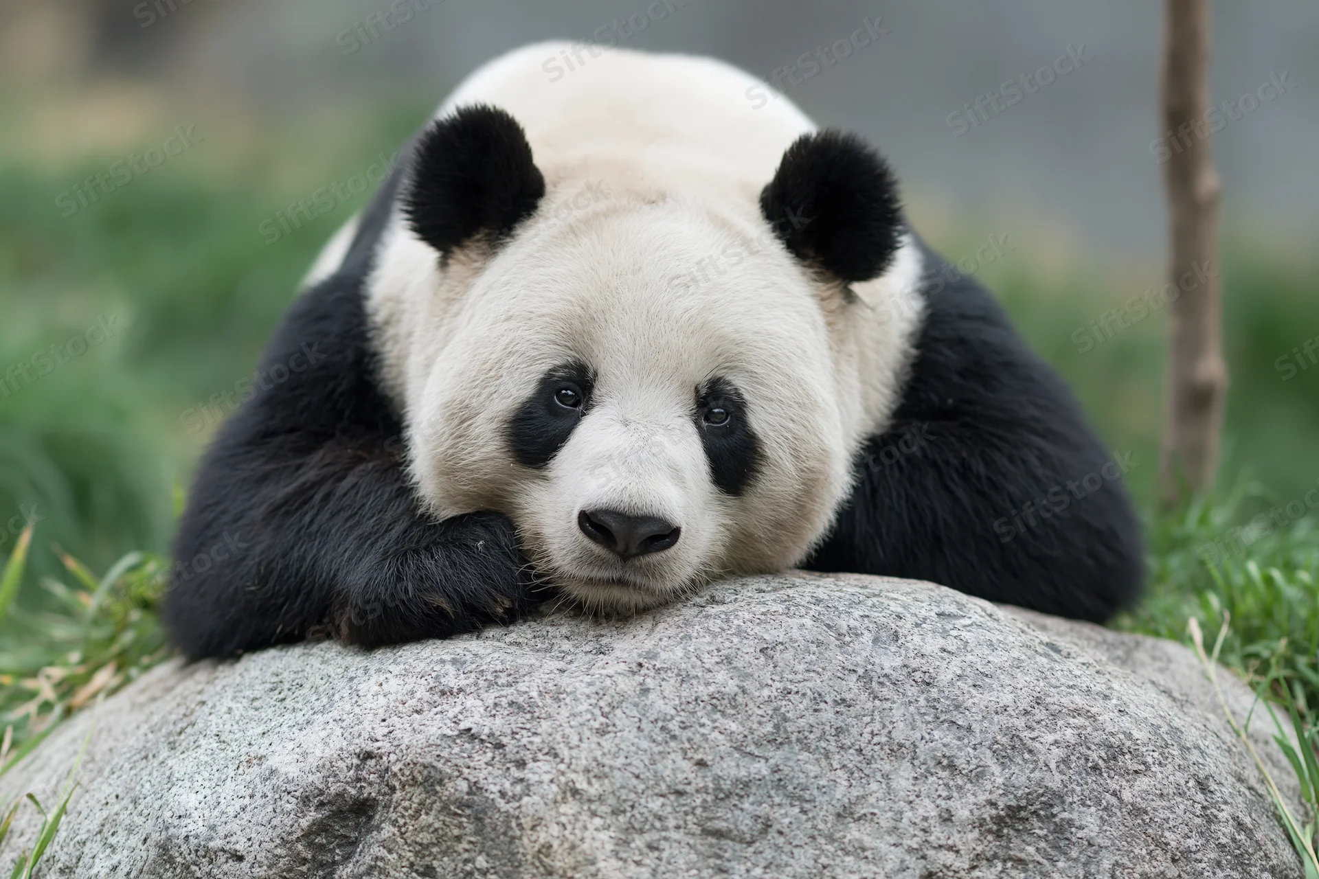 Giant panda resting with chin and paws on a rock in a grassy outdoor enclosure
