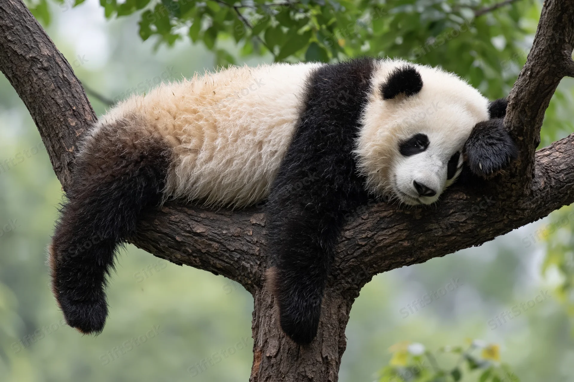Giant panda resting on a thick tree branch in a leafy forest setting