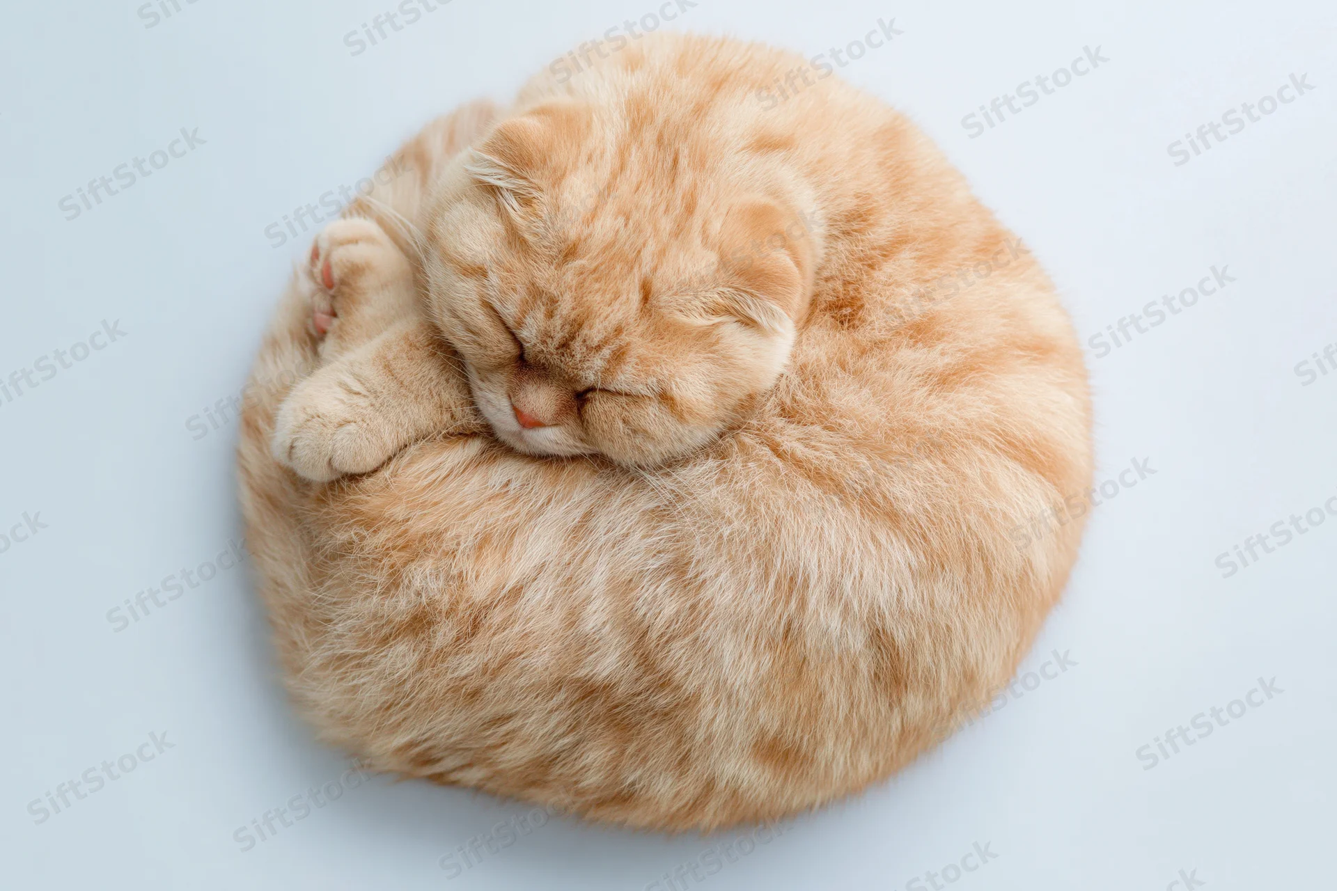Ginger scottish fold cat sleeping curled on its side on white background