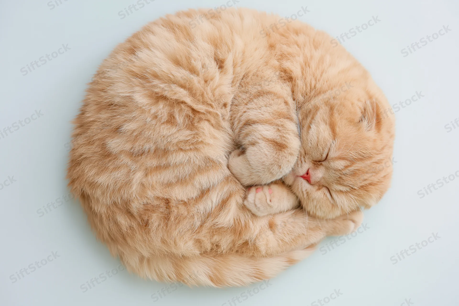 Ginger scottish fold cat sleeping curled on its side on a light blue background