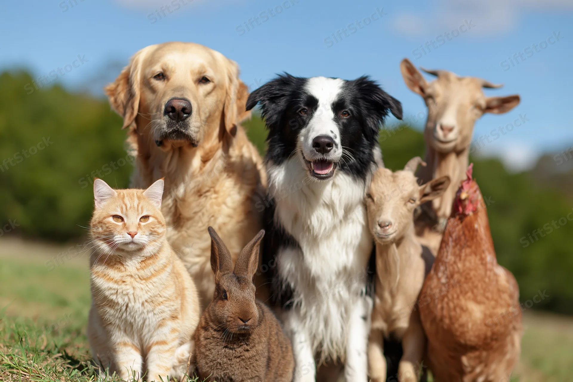 Golden retriever and border collie with cat, rabbit, goat, sheep, and chicken standing together on grassy field under blue sky