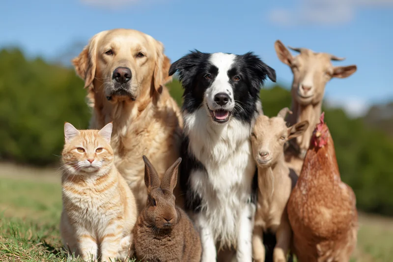 Golden retriever and border collie with cat, rabbit, goat, sheep, and chicken standing together on grassy field under blue sky