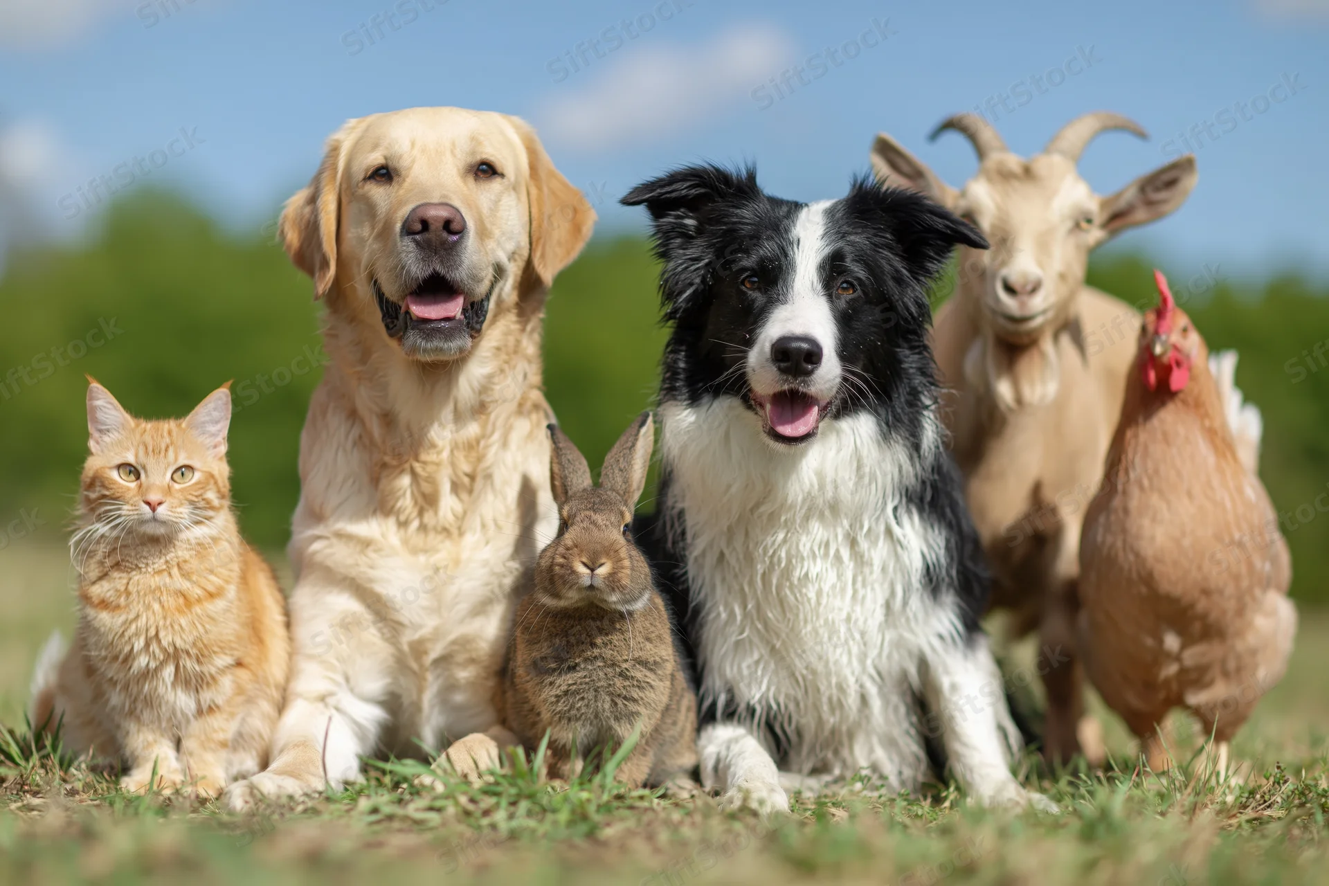 Golden labrador and black-and-white border collie sitting with cat, rabbit, goat, and chicken on grassy field