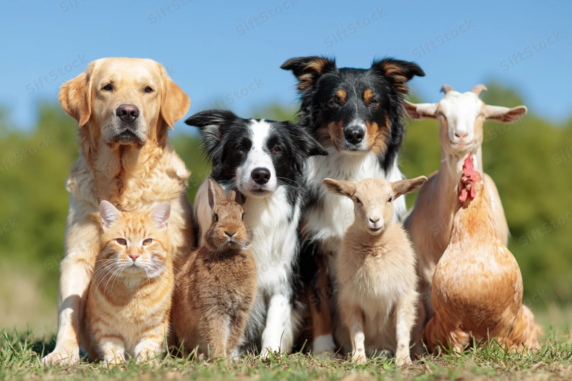 Group of farm animals and pets sitting together on grass in a sunny field