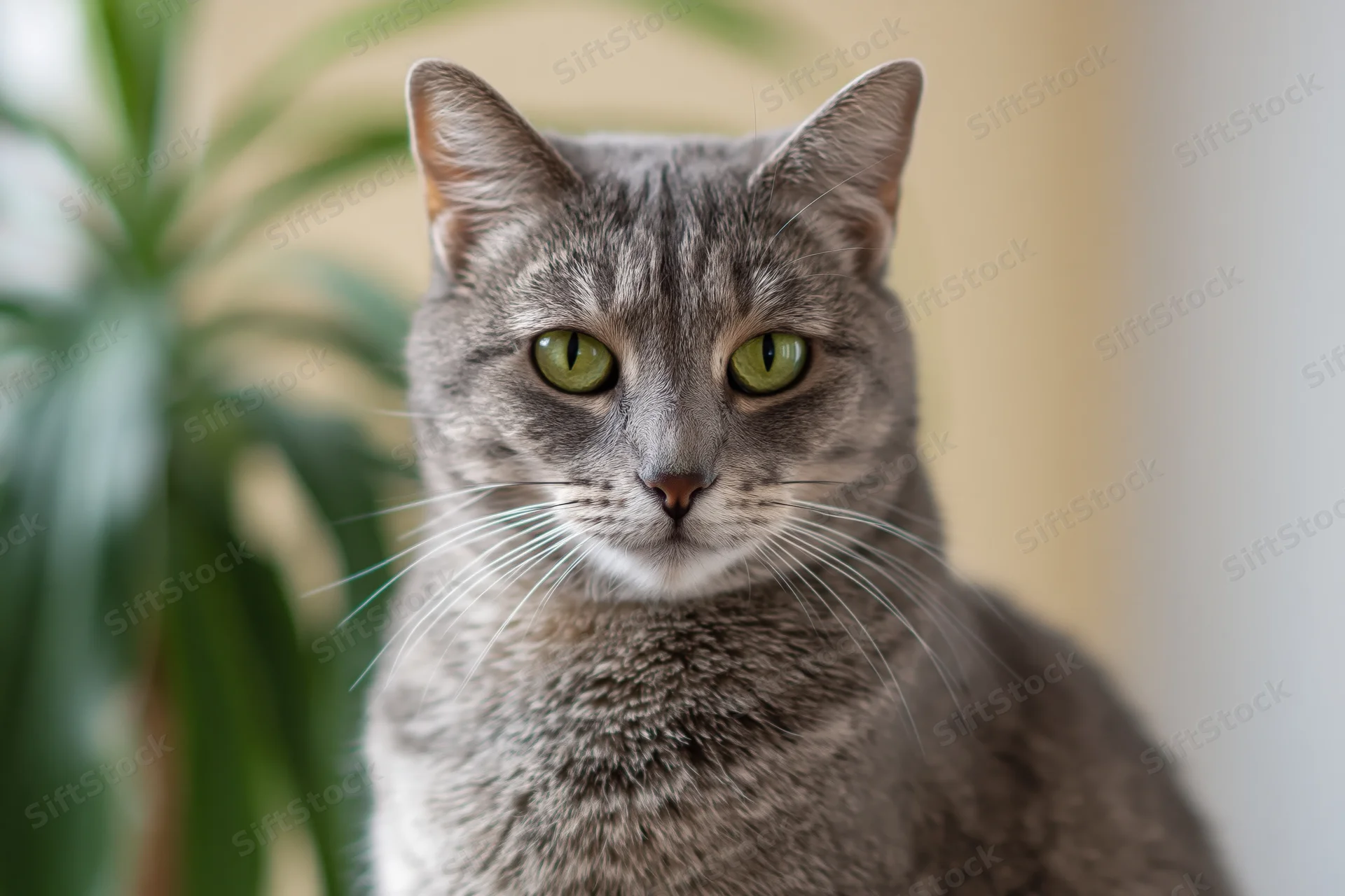 Gray tabby cat sitting upright and looking directly at camera indoors near a plant