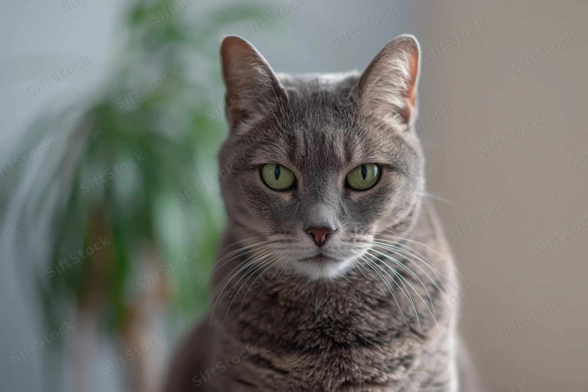 Gray tabby cat sitting upright and looking directly at camera with green eyes in indoor setting