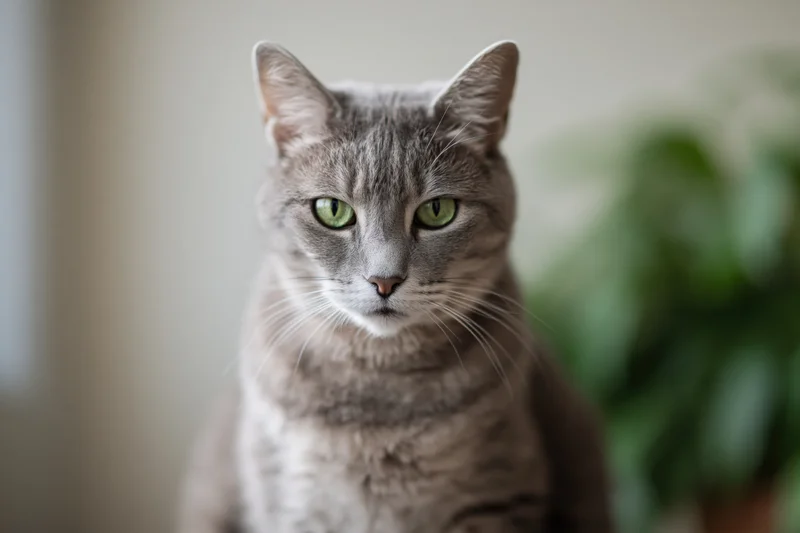 Gray tabby cat sitting upright and looking directly at camera indoors
