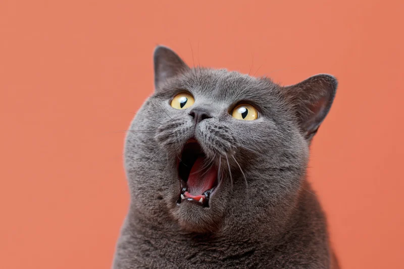 Grey british shorthair cat yawning with mouth wide open against orange background