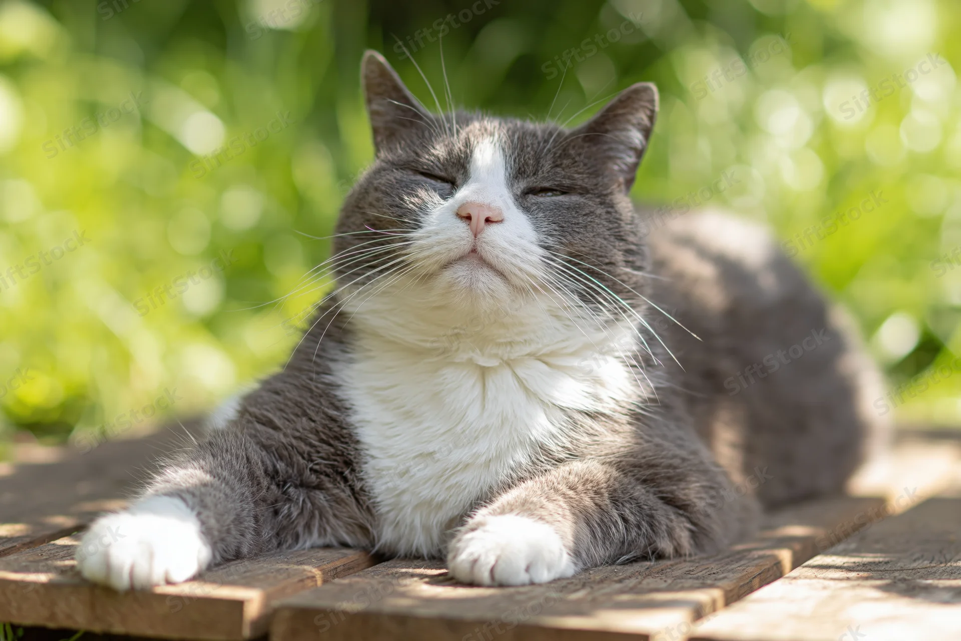 Grey and white domestic cat lying relaxed on wooden garden bench in sunlight