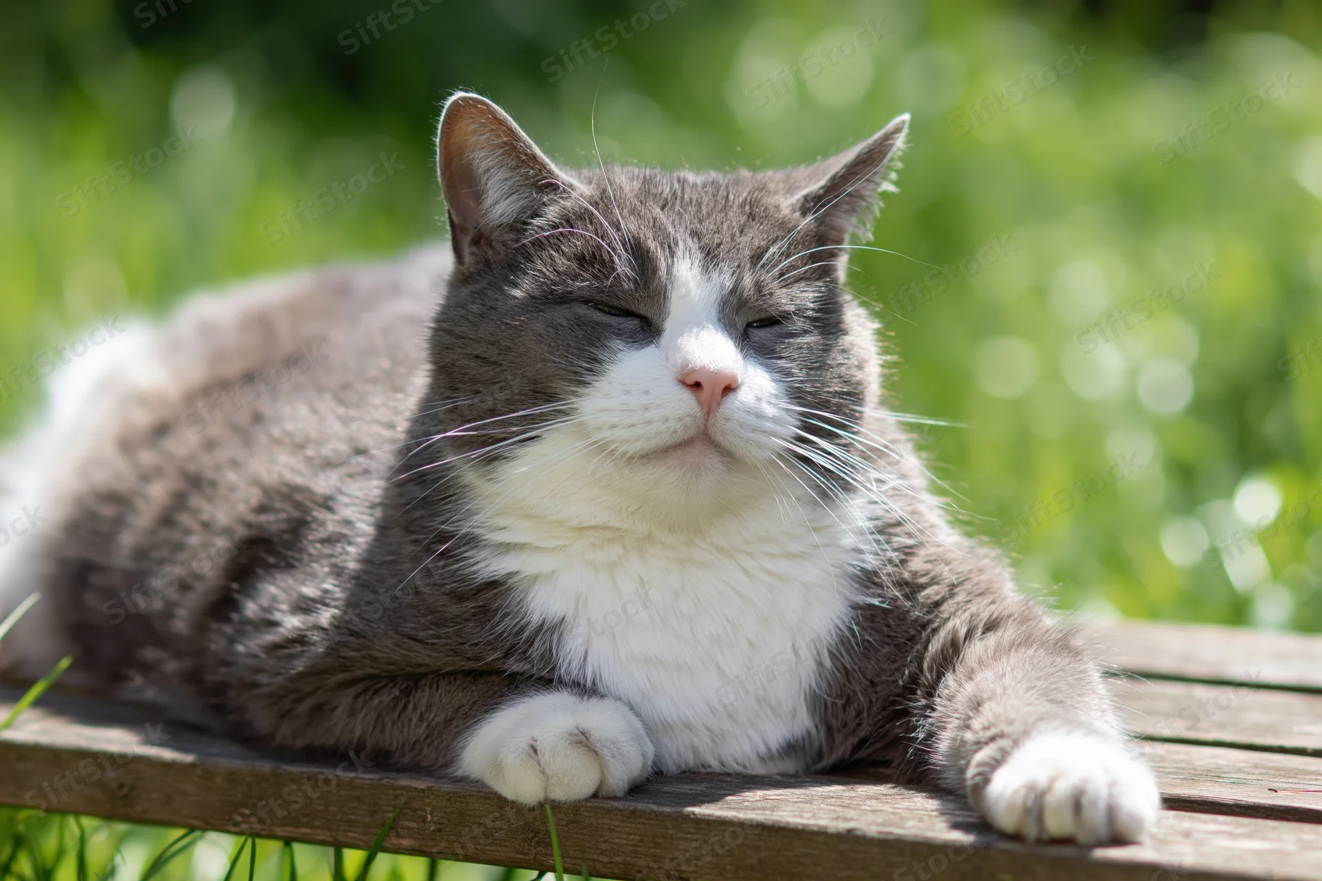 Grey and white domestic cat resting with eyes closed on wooden garden bench in sunlight