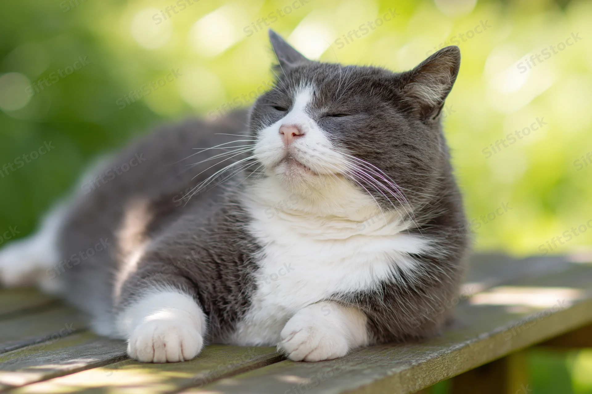 Grey and white domestic cat sleeping on wooden garden bench in sunlight