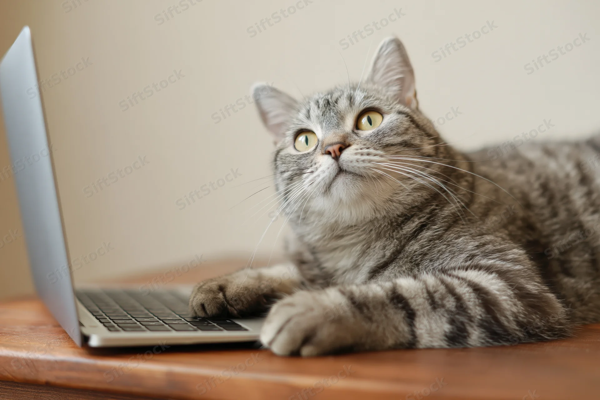 Grey tabby cat resting with paws on laptop keyboard on wooden desk