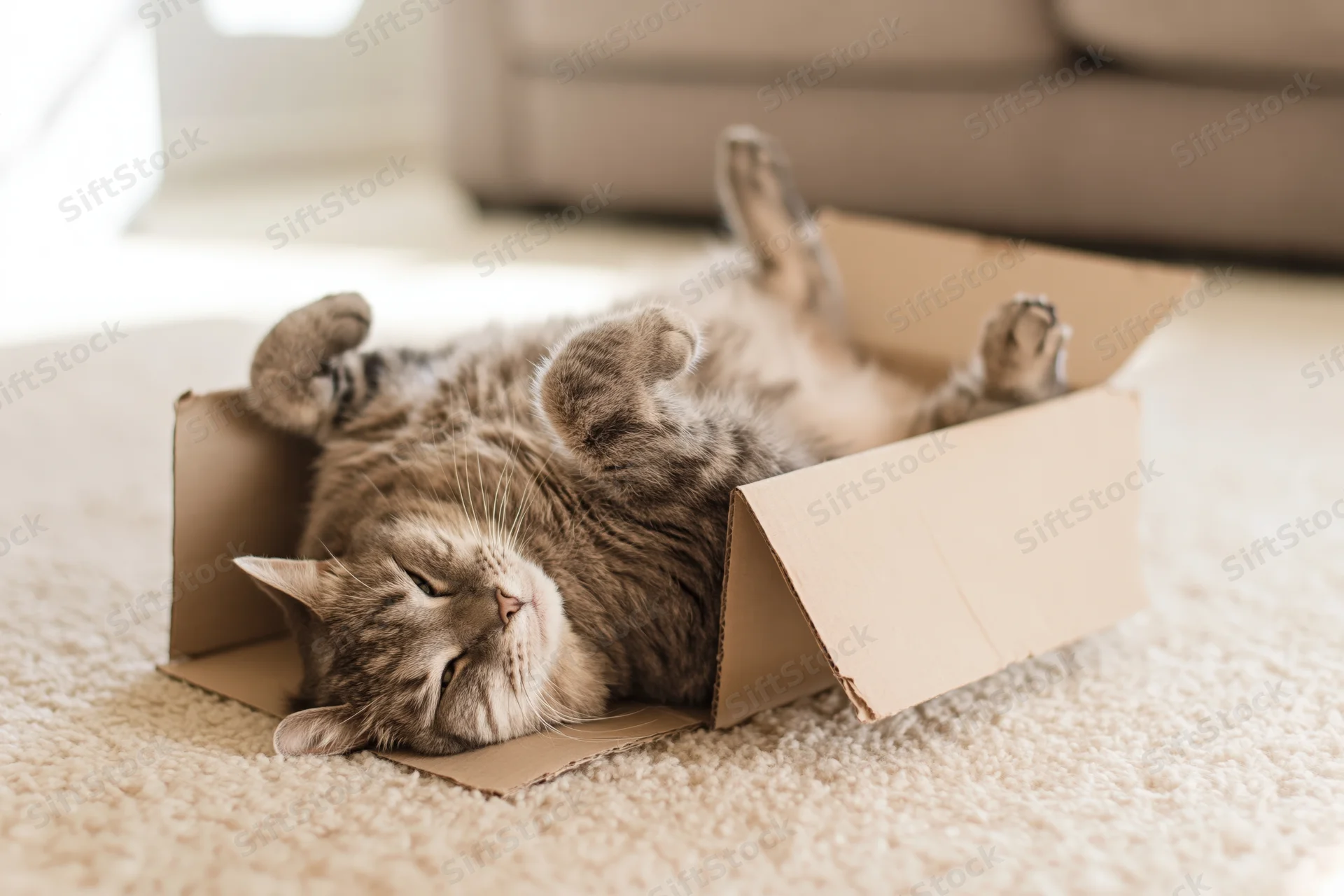Grey tabby cat sleeping on its back inside an open cardboard box on a carpeted floor