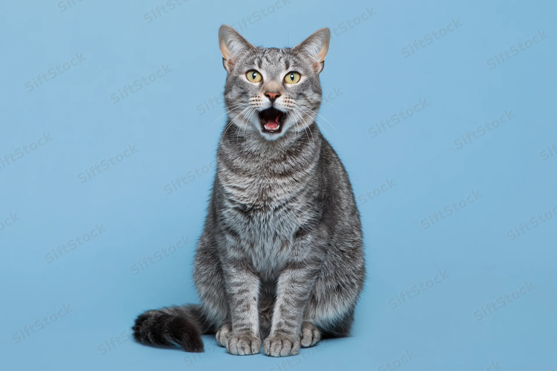 Grey tabby cat sitting upright with mouth open facing camera on blue background