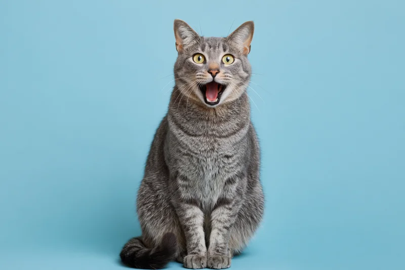 Grey tabby cat sitting upright with mouth open facing camera on blue background