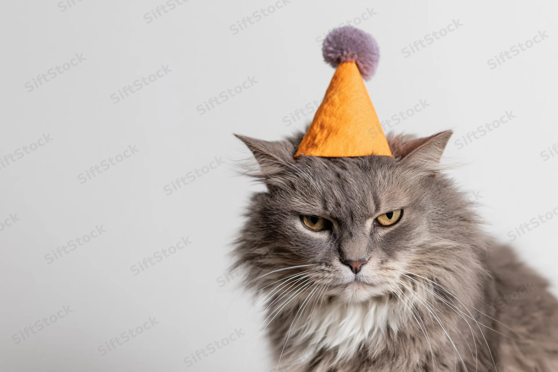 Grey fluffy cat wearing orange party hat with pompon, studio portrait against white background